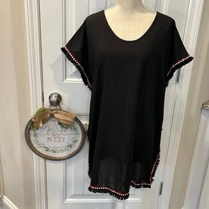 Yincro cover-up | size 8 | short sleeve black, sheer, red, white, fringe